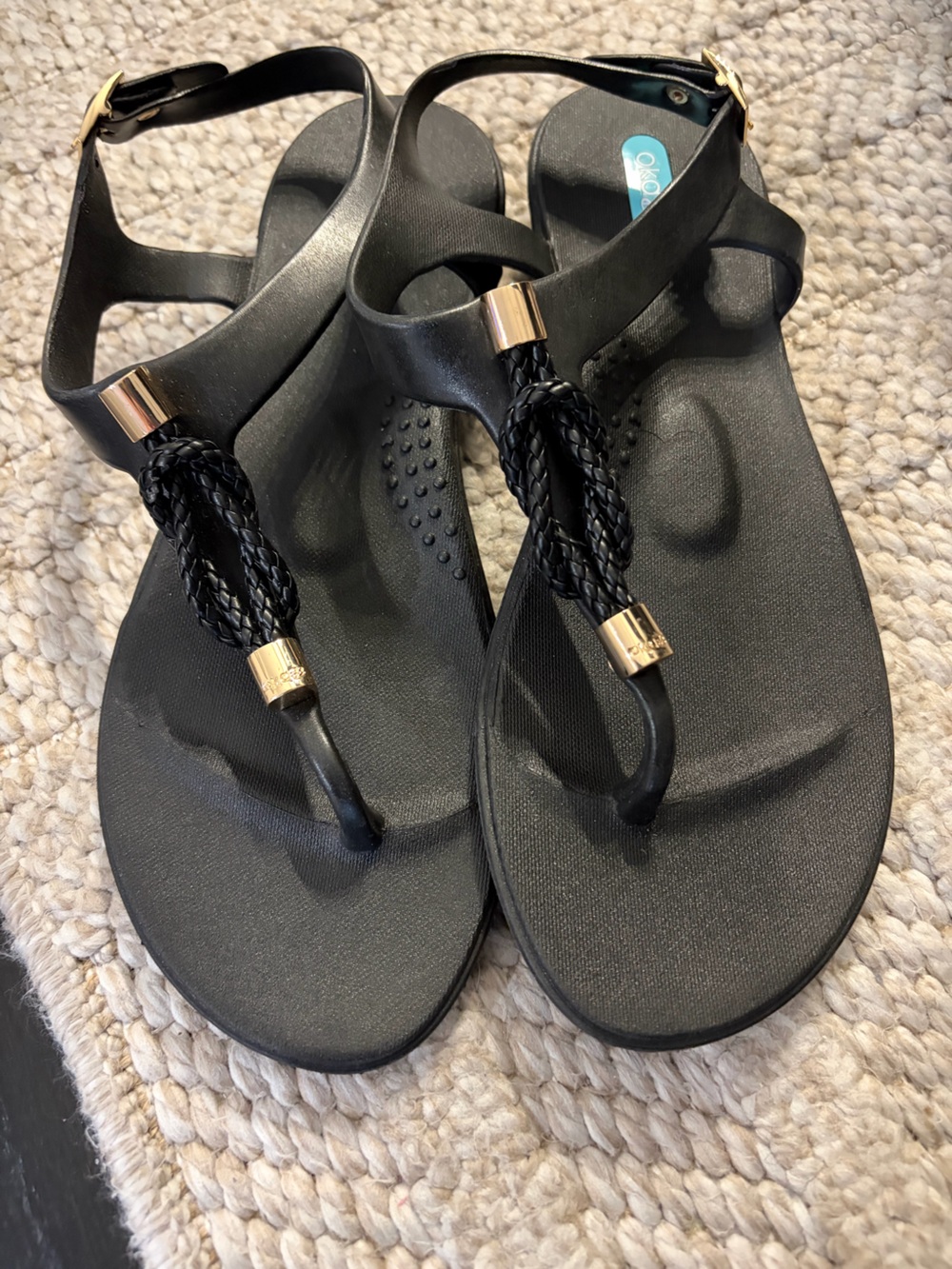 Oka B Black Braided Thong Sandals with Gold Accents - Women